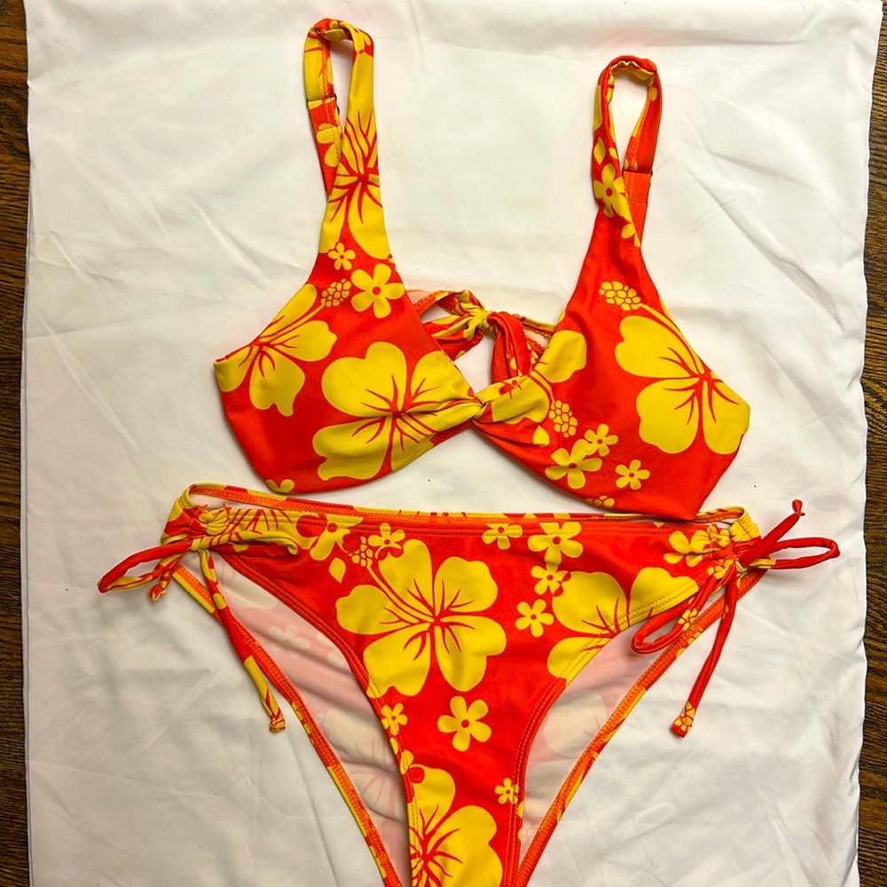 Shein red and orange floral bikini, size S